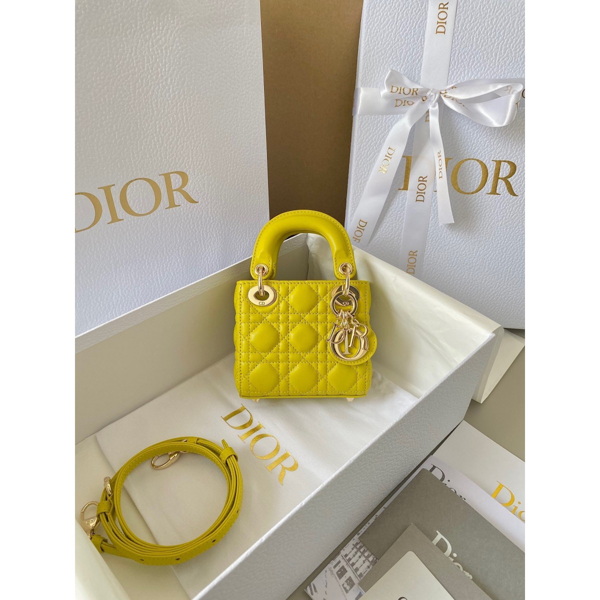 Dior Lady Dior Micro Bag In Yellow Cannage Lambskin High Quality Replica